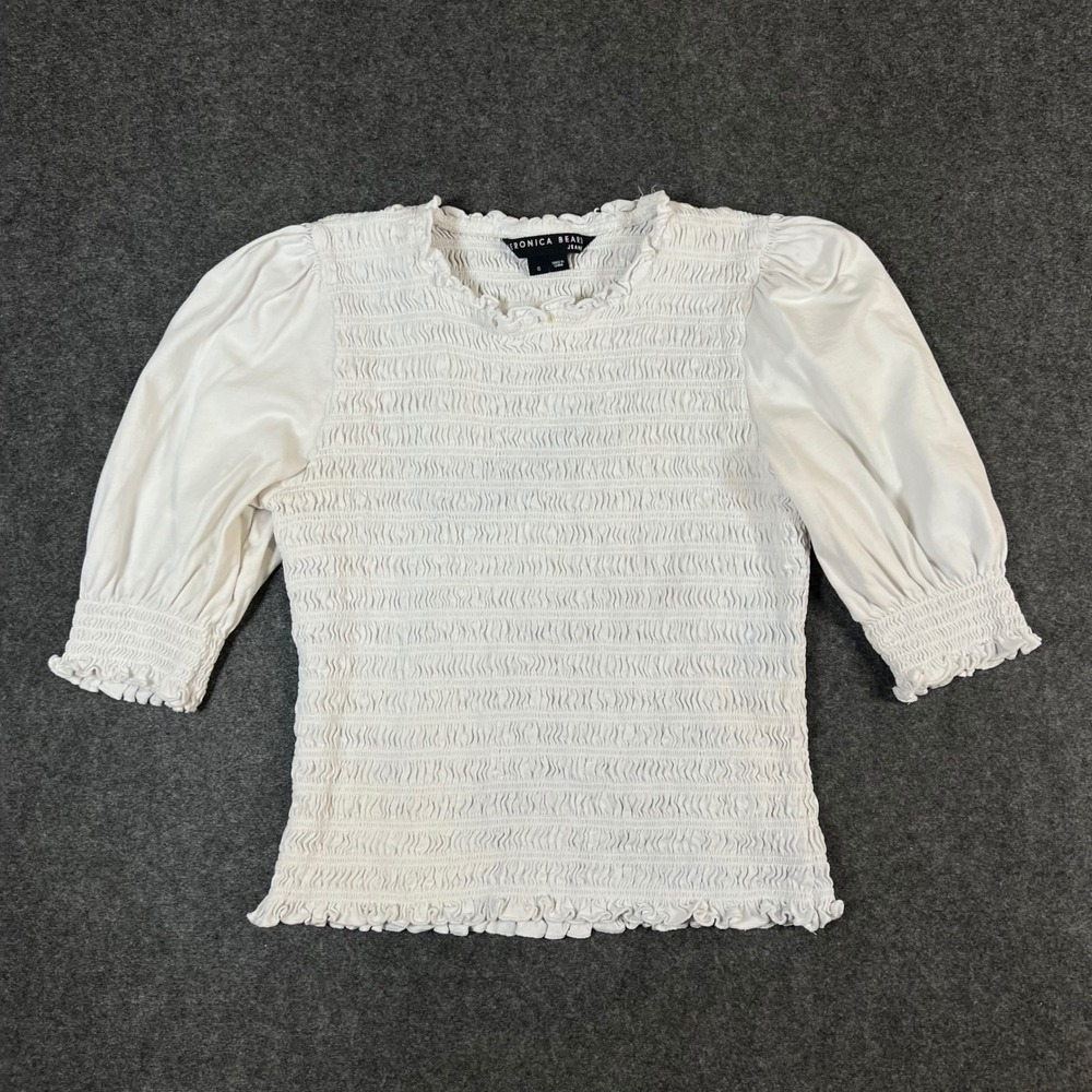 Veronica Beard Jeans White Smocked Puff Sleeve Cotton Top Blouse Small Designer